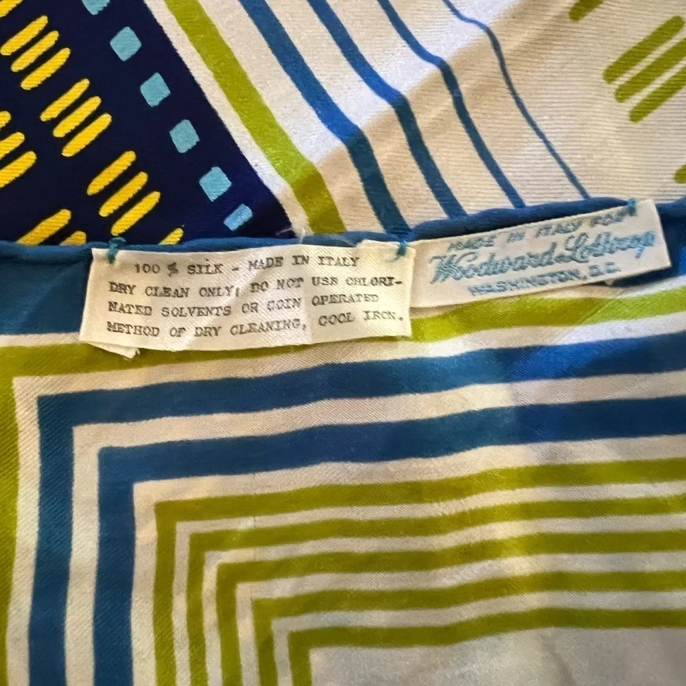 WOODWARD & LOTHROP vintage Italian silk geometric print scarf, blue green yellow